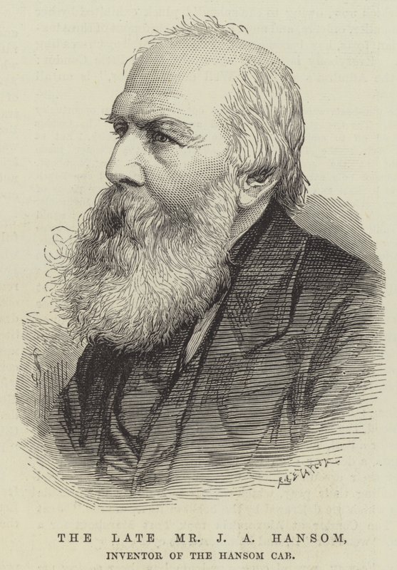 Avdøde Mr J A Hansom, oppfinner av Hansom Cab (gravering) av English School