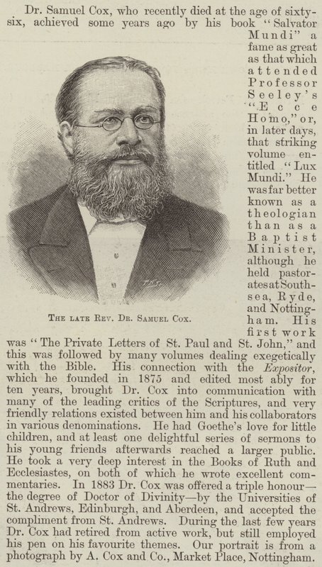 Avdøde pastor Dr Samuel Cox (gravering) av English School