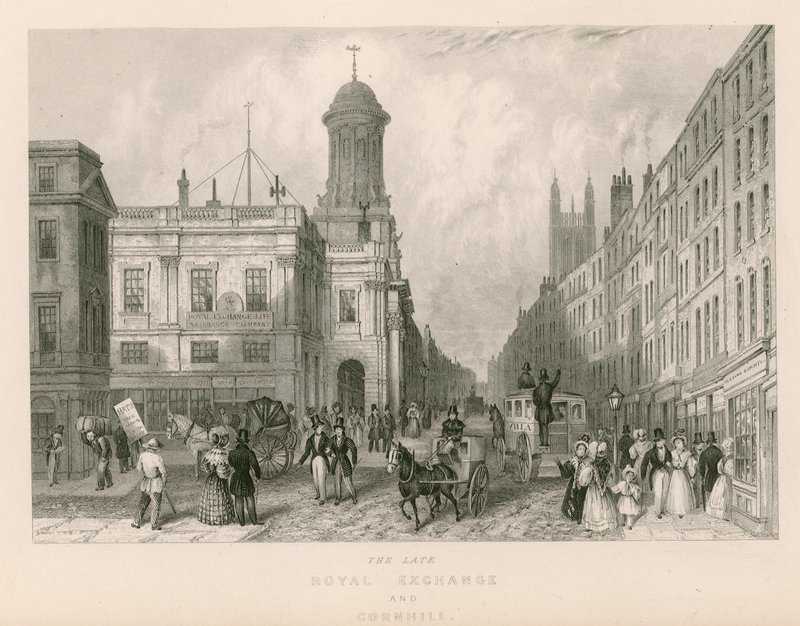 Den avdøde Royal Exchange og Cornhill, London av English School