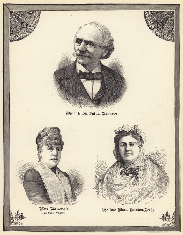 Avdøde Sir Julius Benedict, fru Bancroft (nee Marie Wilton), avdøde Madame Sainton Dolby (gravering) av English School