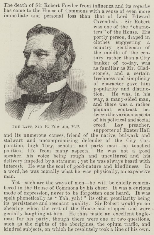 Avdøde Sir R Fowler, MP (gravering) av English School
