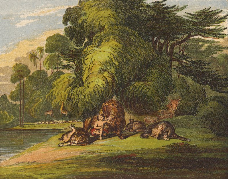 Leoparden skal legge seg med ungen, og et lite barn skal føre dem (farge litho) av English School