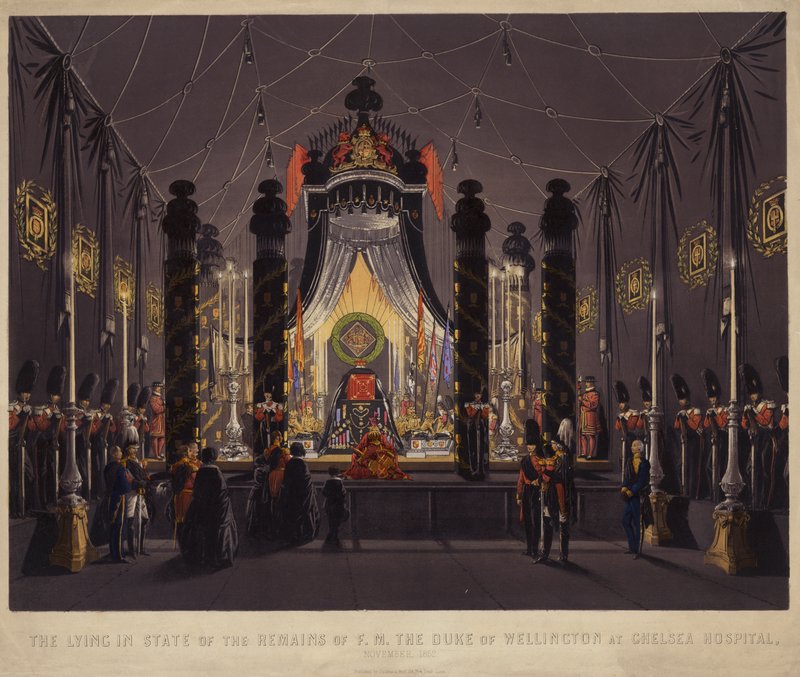 Det som ligger i tilstanden til restene av F M The Duke of Wellington ved Chelsea Hospital, november 1852 (farget gravering) av English School