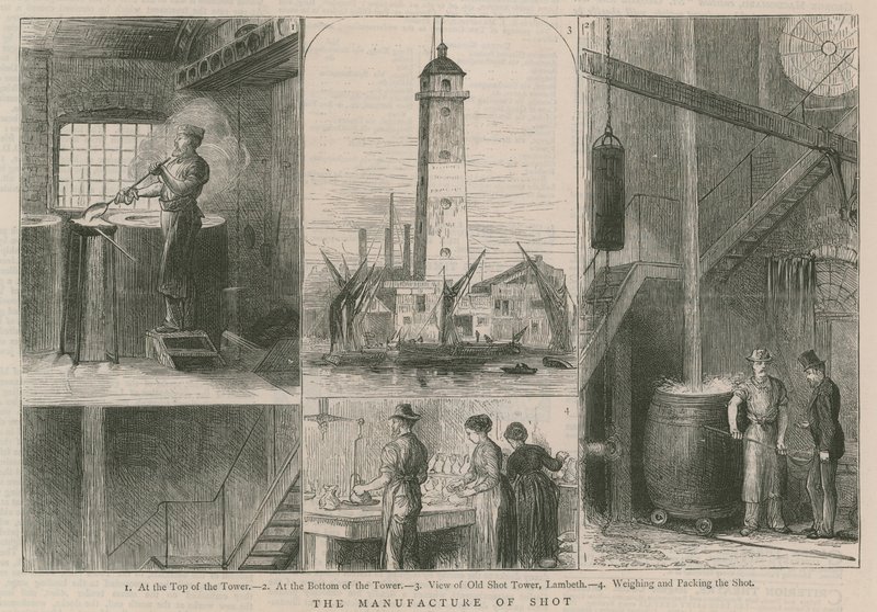 Produksjon av skudd; utsikt over Old Shot Tower, Lambeth av English School
