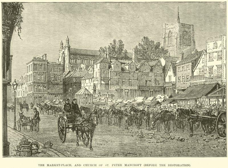 Markedsplassen og Church of St Peter Mancroft, før restaureringen av English School