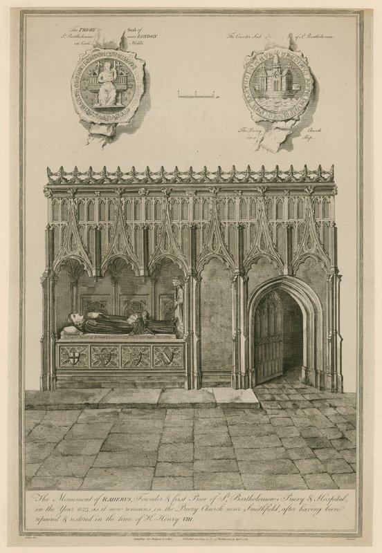 Monumentet til Raherus, grunnlegger og første prior av St Bartholomews Priory and Hospital i år 1123 av English School