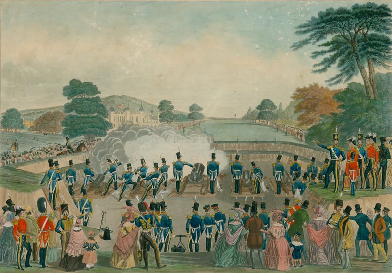 Mørtelbatteriet i Woolwich, London av English School