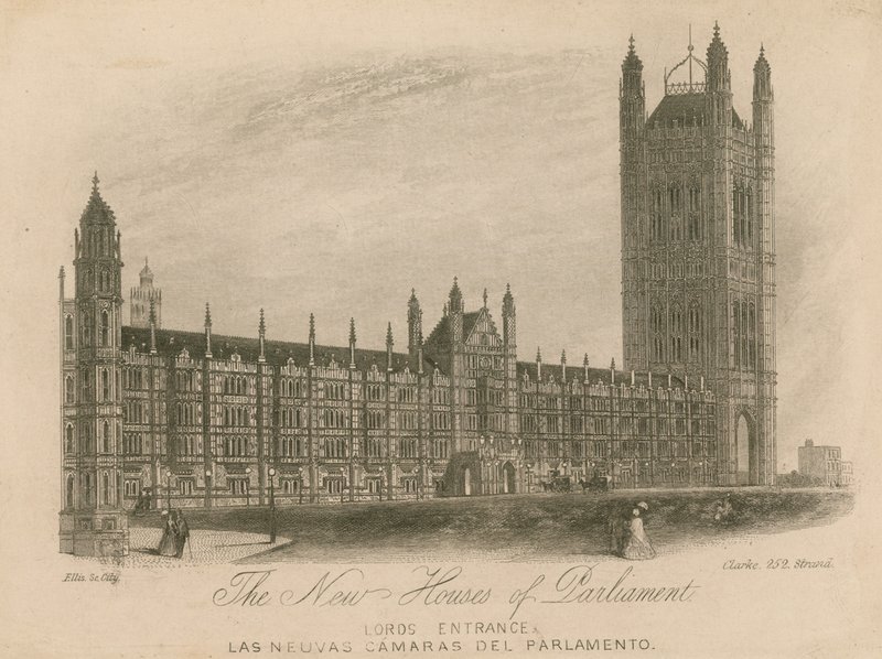 The new Houses of Parliament, Palace of Westminster, London; Lords inngang av English School