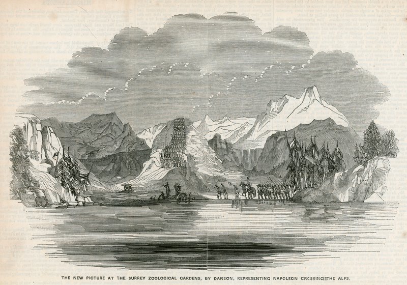 Det nye bildet ved Surrey Zoological Gardens, av Danson, som representerer Napoleon som krysser Alpene av English School