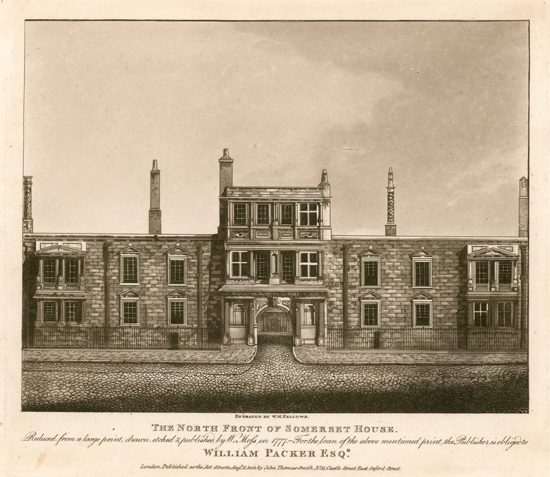Nordfronten av Somerset House, The Strand, London, basert på et trykk tegnet av W. Moss i 1777 av English School