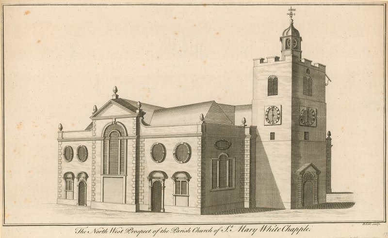 Nordvest-prospektet til Parish Church of St Mary, Whitechapel, London av English School