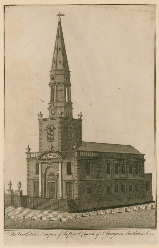 Nordvest-prospektet til sognekirken St George i Southwark, London av English School