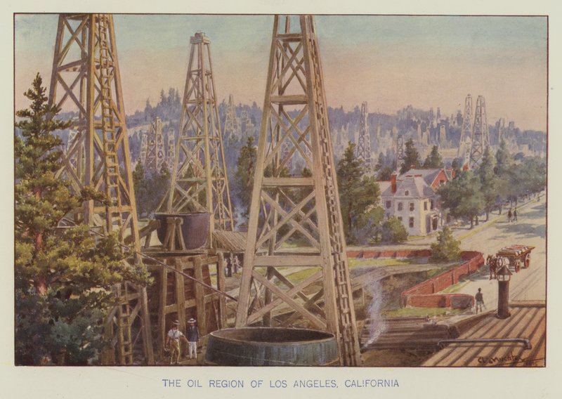 Oljeregionen i Los Angeles, California (farge litho) av English School