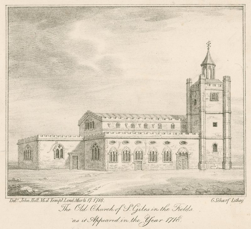 Den gamle kirken St Giles in the Fields, London, slik den så ut i år 1718 av English School