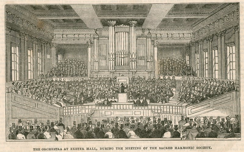 Orkesteret i Exeter Hall, London, under møtet til Sacred Harmonic Society av English School