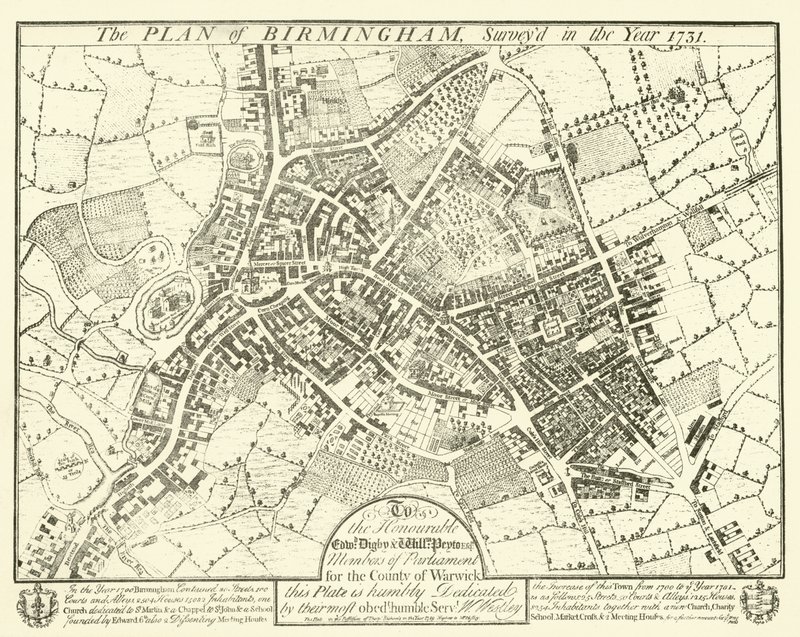 Planen til Birmingham, undersøkt i år 1731 av English School