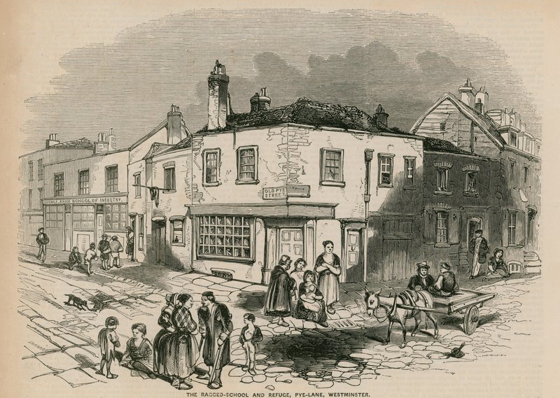 Den fillete skolen og tilfluktsstedet, Pye Lane, Westminster, London av English School