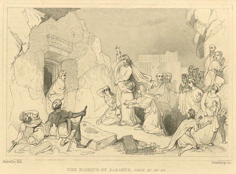 Oppreisningen av Lasarus, Johannes XI, 43-44 (gravering) av English School