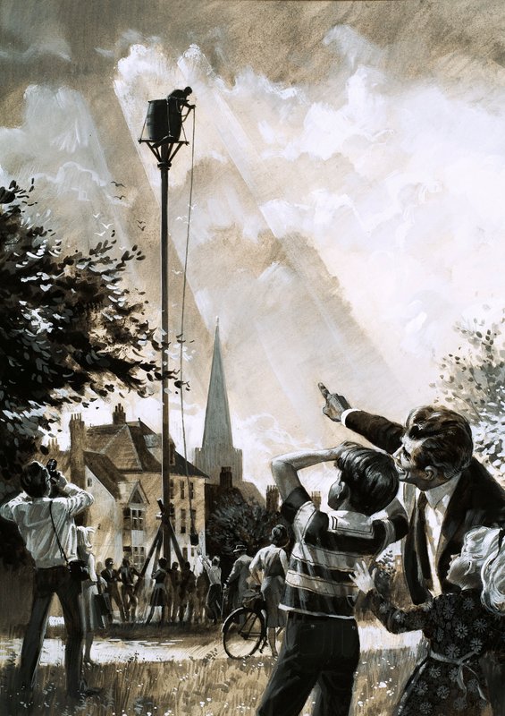 Rekorden for å sitte på en stang ble holdt av Jim Dean fra Dallas, Texas (gouache på papir) av English School