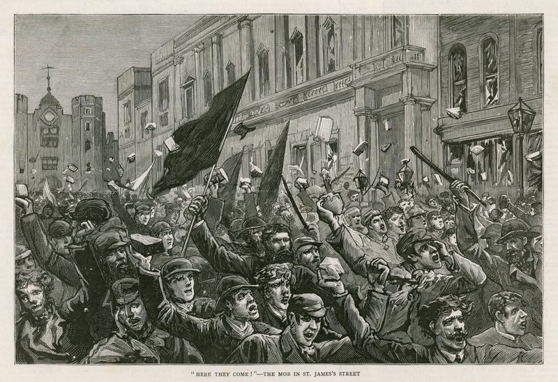 Opptøyene i West End i London, 8. februar 1886: Here They Come! - Mobben i St Jamess Street, London av English School