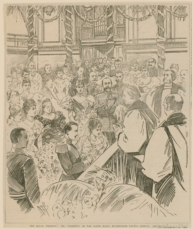 Det kongelige bryllupet, seremonien ved alterskinnene, Buckingham Palace Chapel, 23. juli 1896 av English School