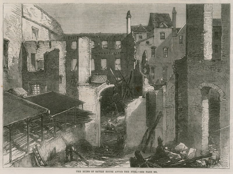 Ruinene av Savile House, Leicester Square, London, etter brannen av English School