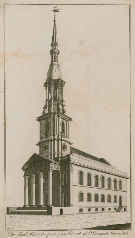Sørvest-prospektet til Church of St Leonard, Shoreditch av English School