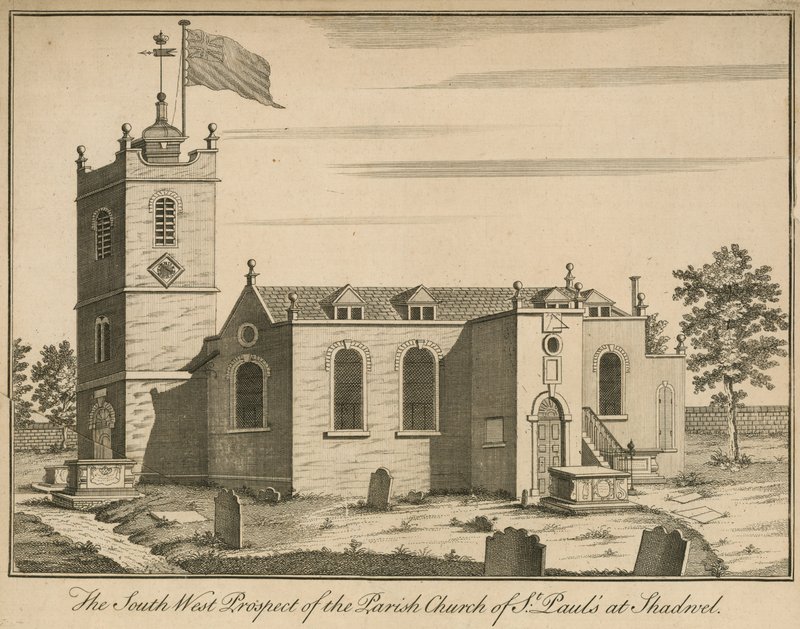 Sørvest-prospektet til Parish Church of St Pauls i Shadwell, London av English School