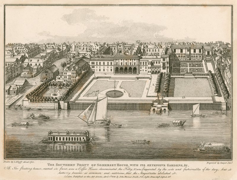 Den sørlige fronten av Somerset House med sine omfattende hager av English School