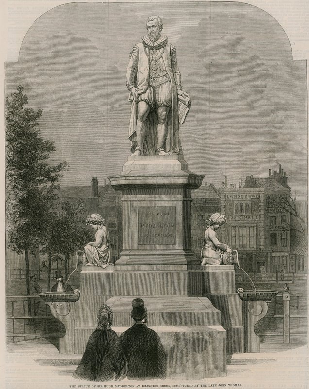 Statuen av Sir Hugh Myddleton på Islington Green, skulpturert av avdøde John Thomas (gravering) av English School