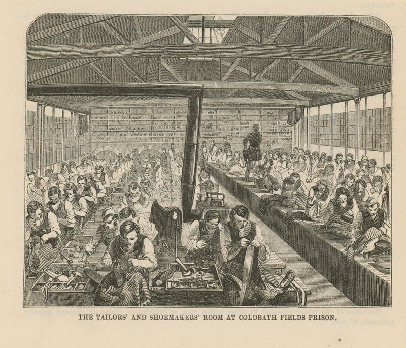 Skredder- og skomakerrommet i Coldbath Fields Prison av English School