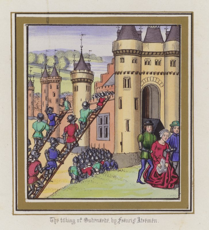 Inntagelsen av Oudenarde av Francis Atremen (farget gravering) av English School
