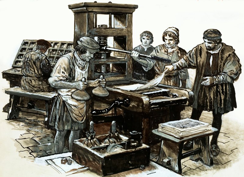 Den tredje trykkepressen i England ble satt opp i St. Albans i 1480 (gouache på papir) av English School