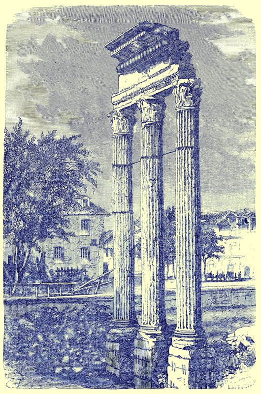De tre kolonnene ved Castor-tempelet, illustrasjon fra History of Rome av Victor Duruy, utgitt 1884 (digitalt forbedret bilde) av English School