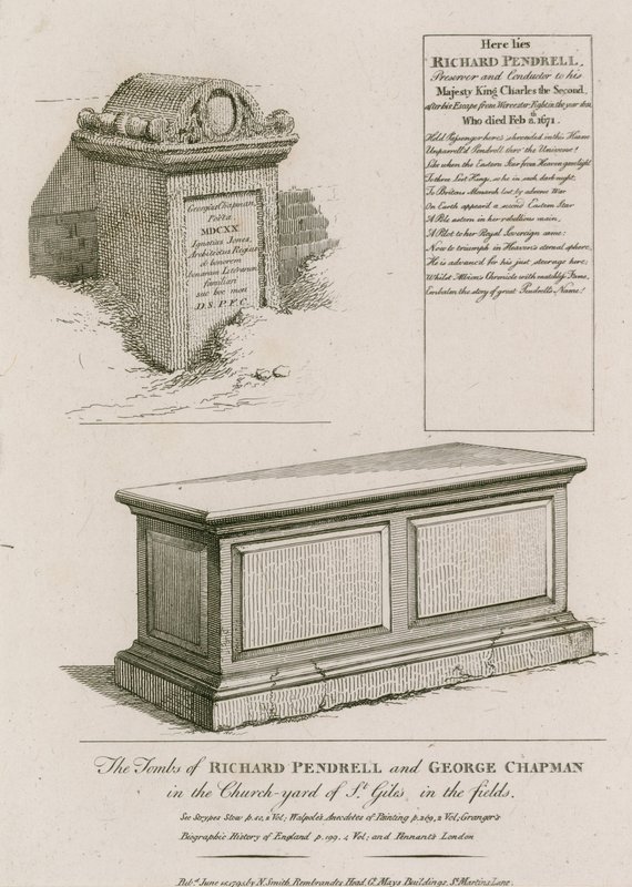 Gravene til Richard Pendrell og George Chapman i kirkegården til St Giles in the Fields, London av English School