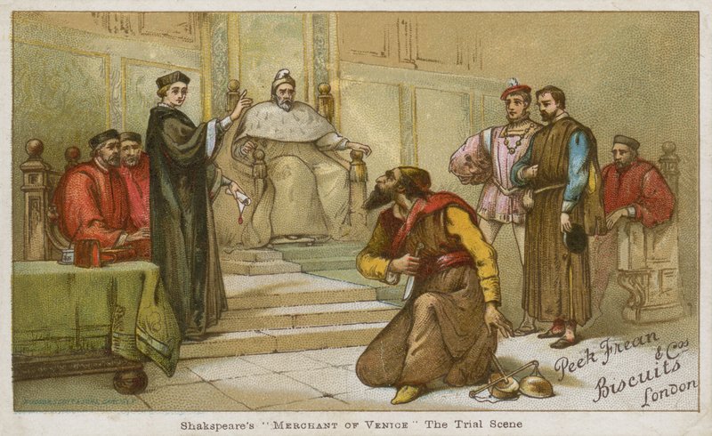 Prøvescenen fra Shakespeares The Merchant of Venice av English School
