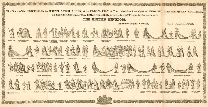 Utsikten over prosesjonen i Westminster Abbey ved kroningen av kong William IV og dronning Adelaide av English School