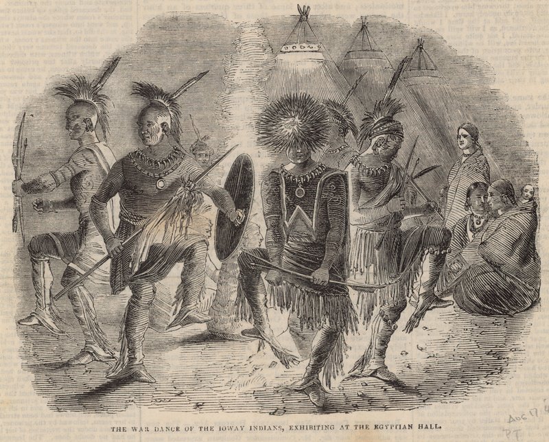 Krigsdansen til Ioway-indianerne, utstilt i Egyptian Hall av English School