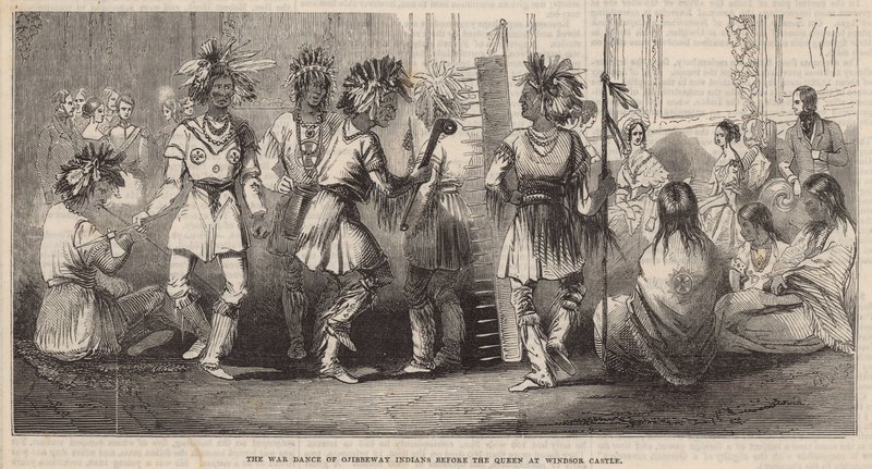 Krigsdansen til Ojibbeway-indianerne foran dronningen på Windsor Castle av English School