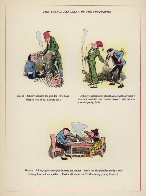 Det sørgelige panoramaet av tannpine (farge litho) av English School