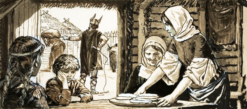 Kvinnene i Linby baker flat kake (gouache på papir) av English School
