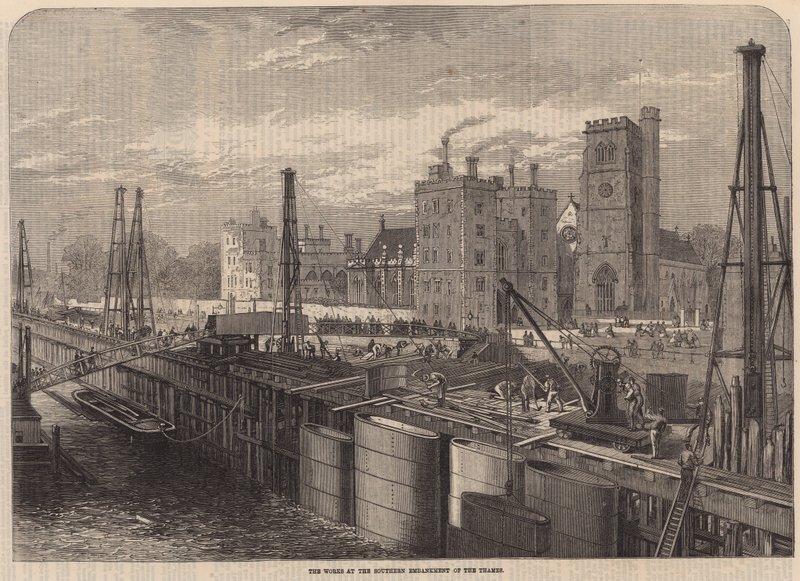 Arbeidene ved den sørlige Embankment of Themsen av English School