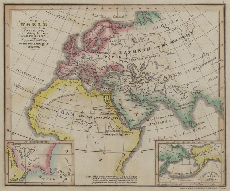 Verden som kjent for de gamle som viser spredningen og den antatte bosettingen av Noahs etterkommere (farget gravering) av English School