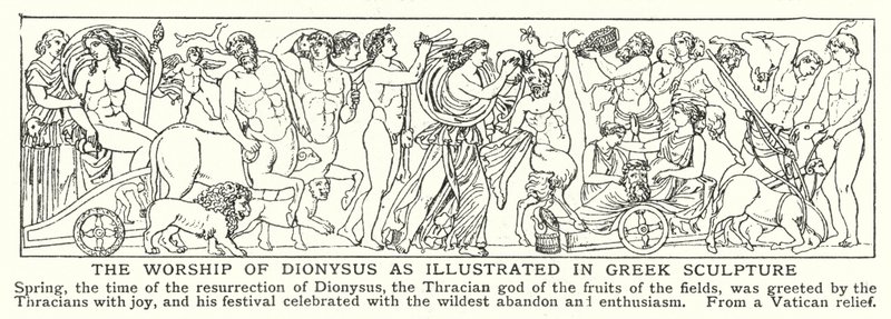Tilbedelsen av Dionysos som illustrert i gresk skulptur (litho) av English School