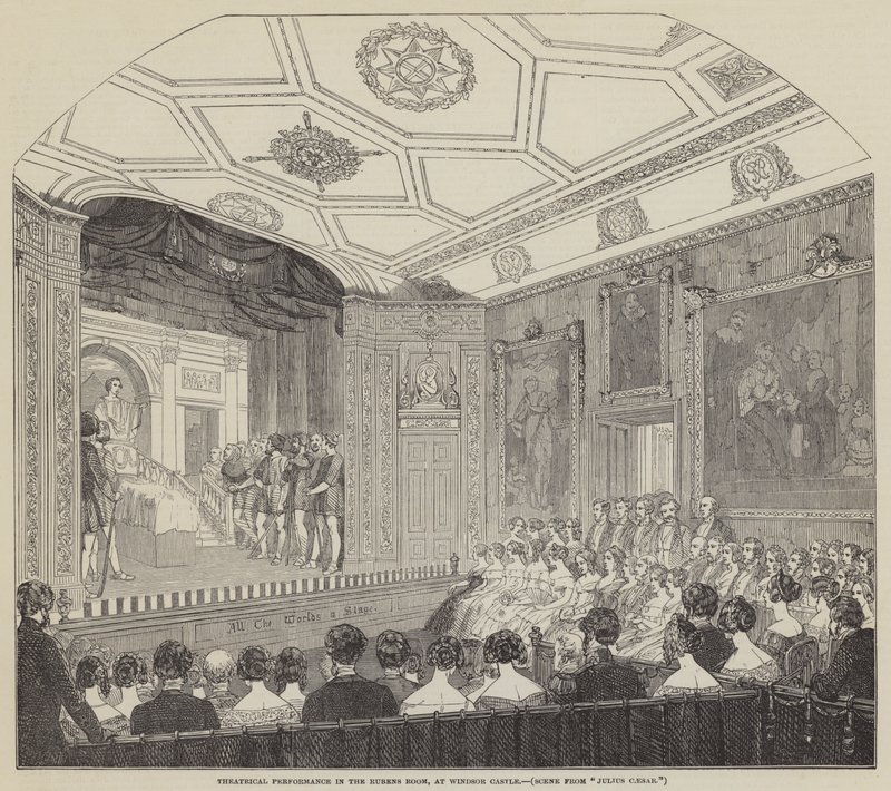 Teaterforestilling i Rubens-rommet, på Windsor Castle (gravering) av English School