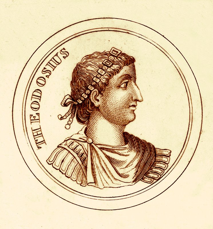 Theodosius, illustrasjon fra The Universal Historical Dictionary av George Crabb, utgitt 1825 (digitalt forbedret bilde) av English School