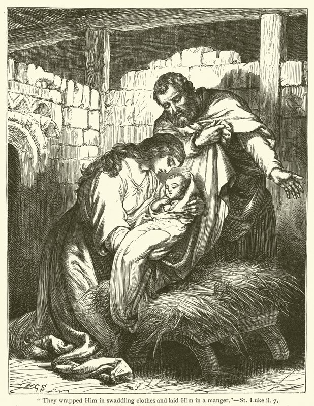 "De svøpte ham i svøp og la ham i en krybbe", St Luke, ii, 7 (gravering) av English School