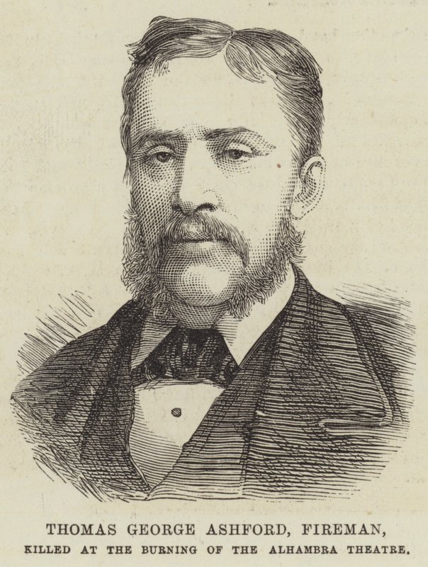 Thomas George Ashford, brannmann, drept ved Burning of the Alhambra Theatre (gravering) av English School