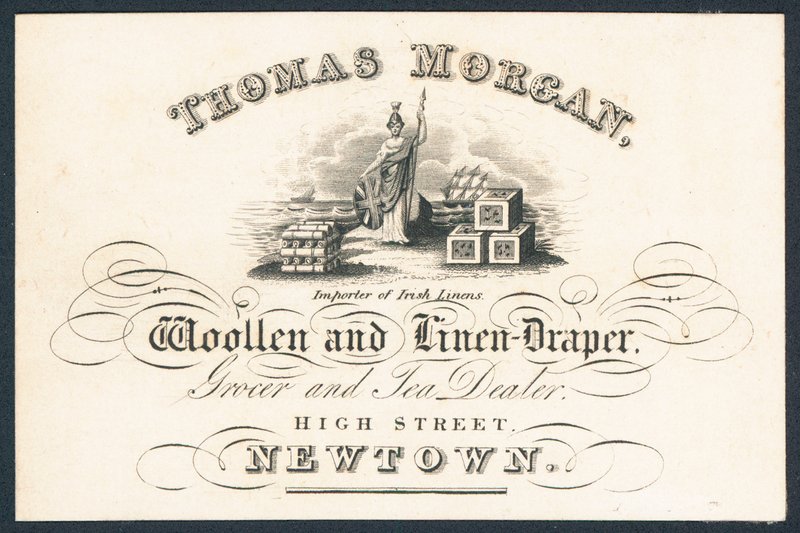 Thomas Morgan, ull- og lindraper, kjøpmann og teforhandler, handelskort av English School