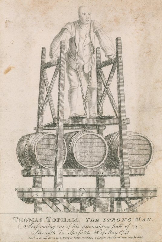 Thomas Topham, den sterke mannen, utførte en av sine forbløffende styrkebragder i Spitalfields, 28. mai 1741 av English School